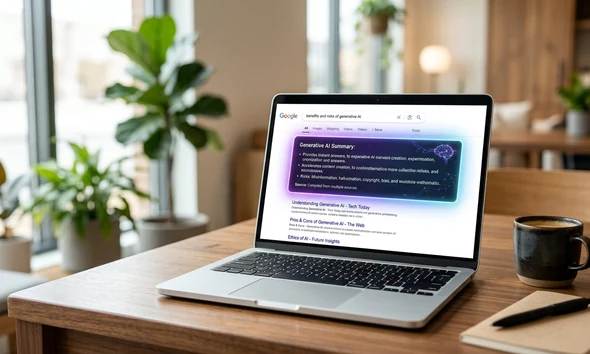 Pantalla de portátil en un escritorio de trabajo mostrando una AI Overview de Google expandida automáticamente sobre los resultados orgánicos