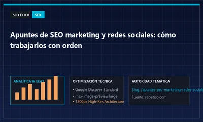 Apuntes de SEO marketiing y redes sociales en un espacio de trabajo de marketing digital con portátil y gráficos de análisis.