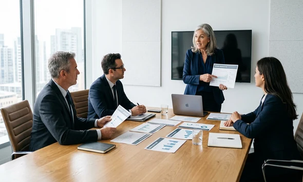 Consultor experto en posicionamiento SEO explicando la estrategia orgánica en una reunión con clientes