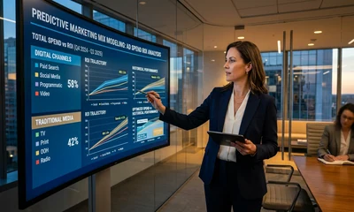 Pantalla de marketing mix modeling con un dashboard de analítica y gráficos de rendimiento