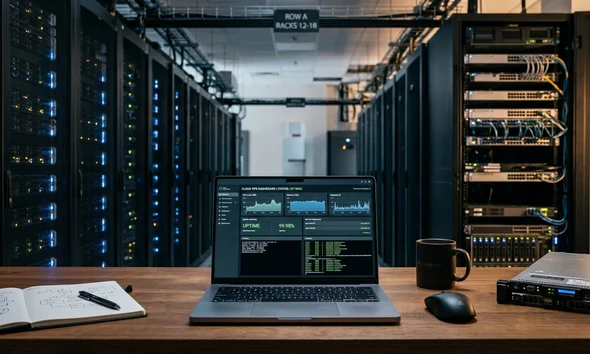 Portátil monitorizando un servidor cloud VPS en un centro de datos con métricas de rendimiento y consola de administración