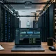 Portátil monitorizando un servidor cloud VPS en un centro de datos con métricas de rendimiento y consola de administración
